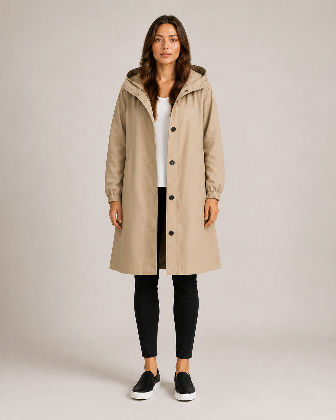 Women's hooded mid-thigh rain coat with button front and long sleeves