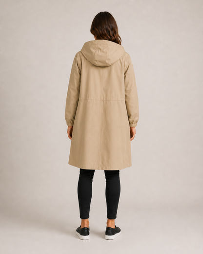 Women's hooded mid-thigh rain coat with button front and long sleeves