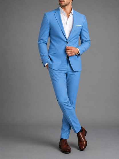 Men's two-piece suit with notch-lapel blazer, matching trousers and long sleeves