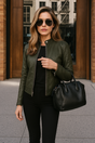 Women's long sleeve stand collar jacket with front zip closure