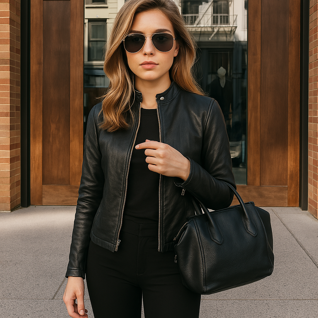 Women's long sleeve stand collar jacket with front zip closure