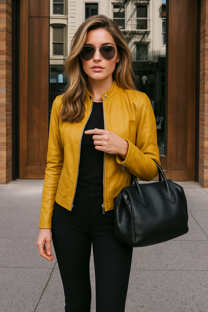 Women's long sleeve stand collar jacket with front zip closure