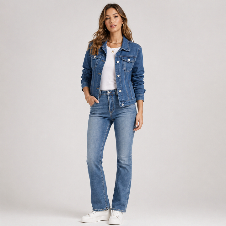 Women's relaxed denim jacket with button front and chest pockets