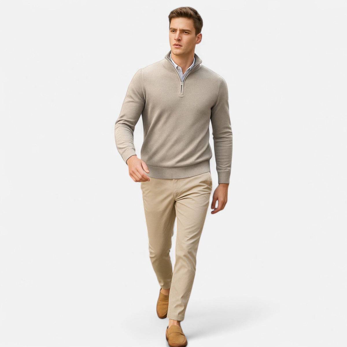 Men's slim-fit quarter-zip sweater with mock neck and long sleeves