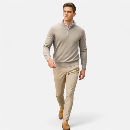 Men's slim-fit quarter-zip sweater with mock neck and long sleeves