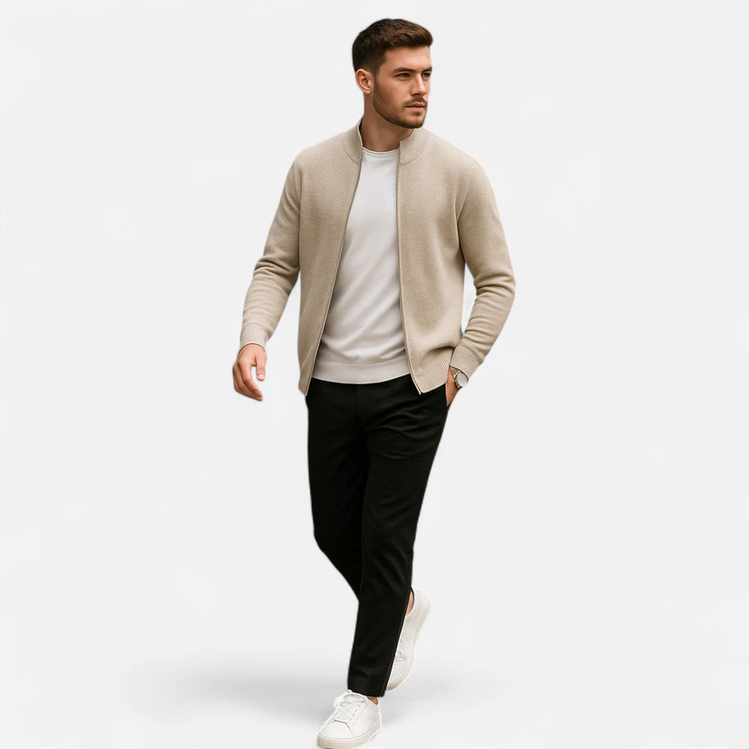 Men's plain zip front sweater with ribbed mock neck