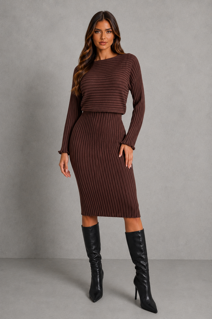 Women's ribbed cropped sweater and fitted midi skirt set