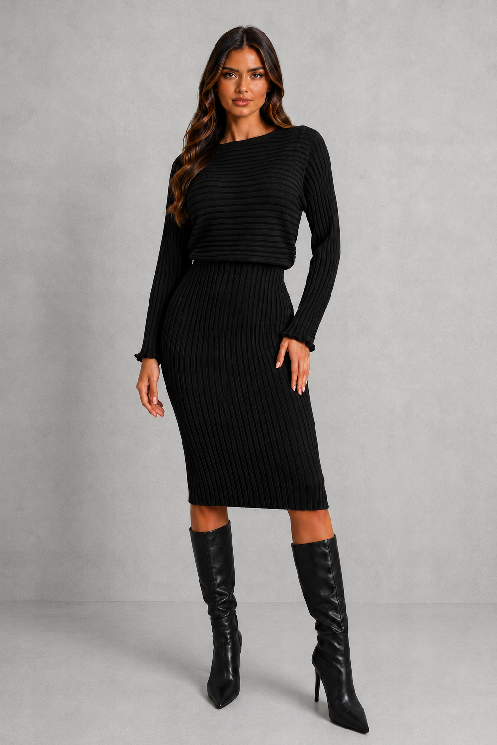 Women's ribbed cropped sweater and fitted midi skirt set