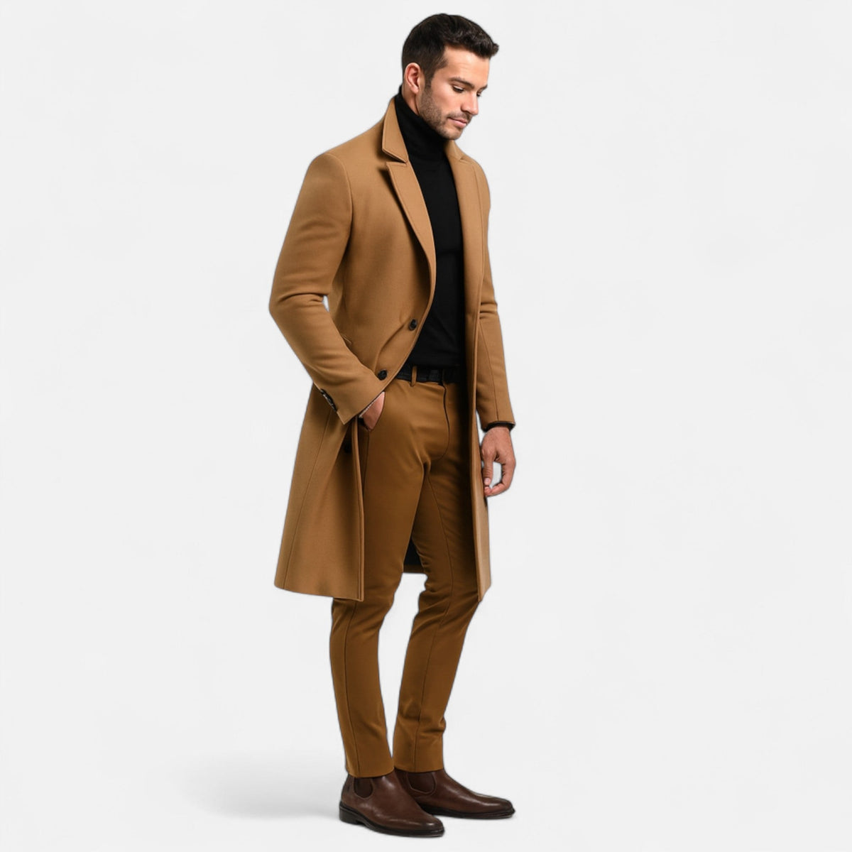 Men's long button-front coat with notched lapel and side pockets