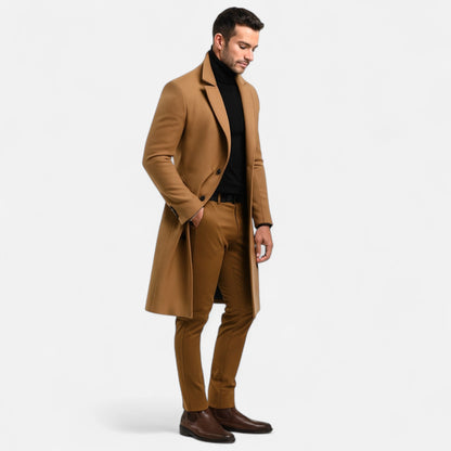 Men's long button-front coat with notched lapel and side pockets