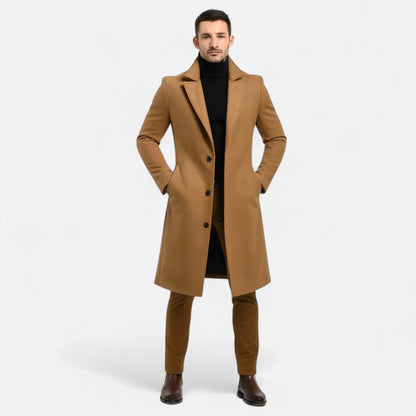 Men's long button-front coat with notched lapel and side pockets