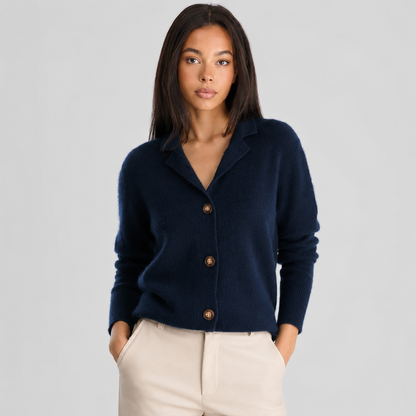 Women's buttoned cardigan with a notched collar and long sleeves