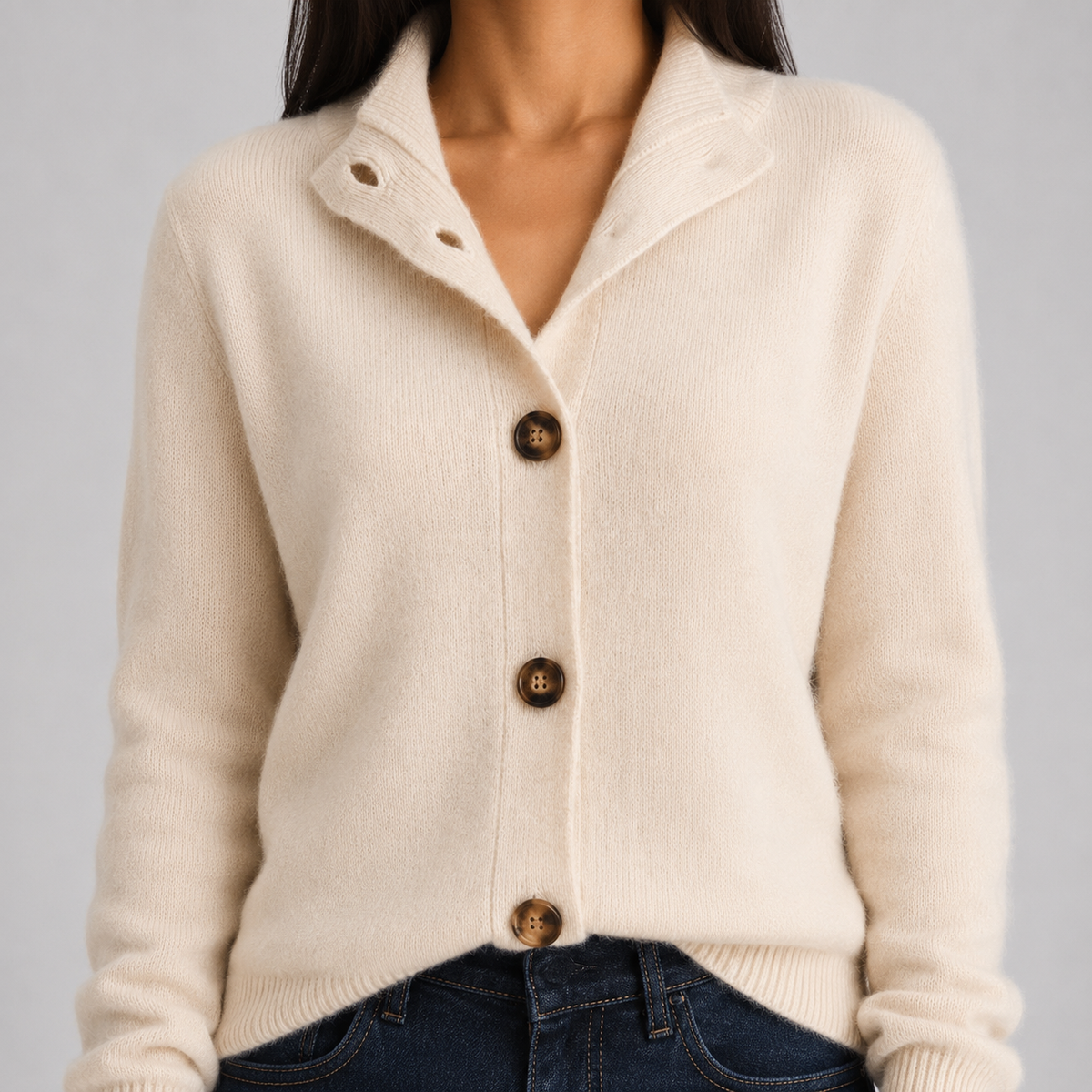 Women's buttoned cardigan with a notched collar and long sleeves