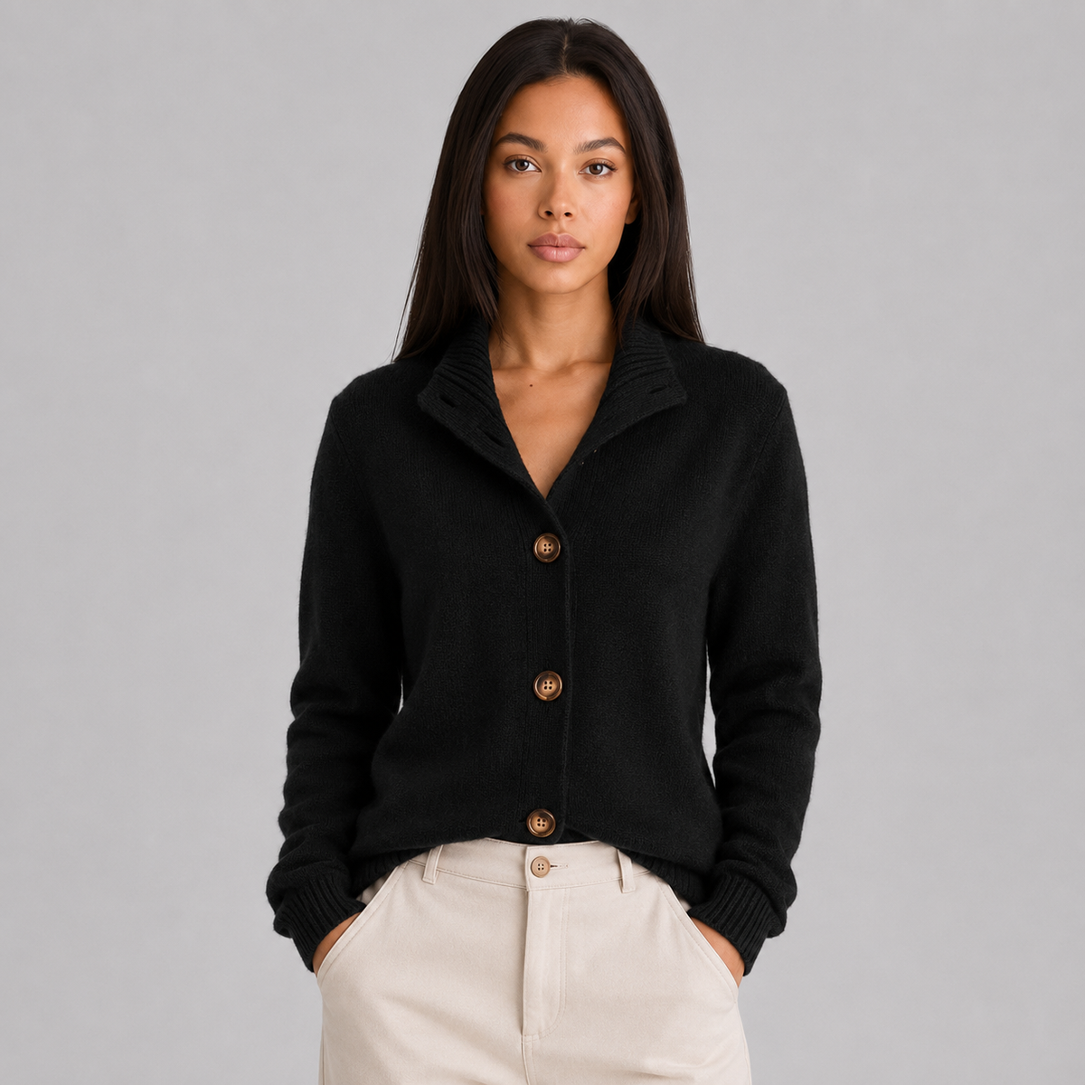 Women's buttoned cardigan with a notched collar and long sleeves