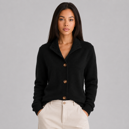 Women's buttoned cardigan with a notched collar and long sleeves