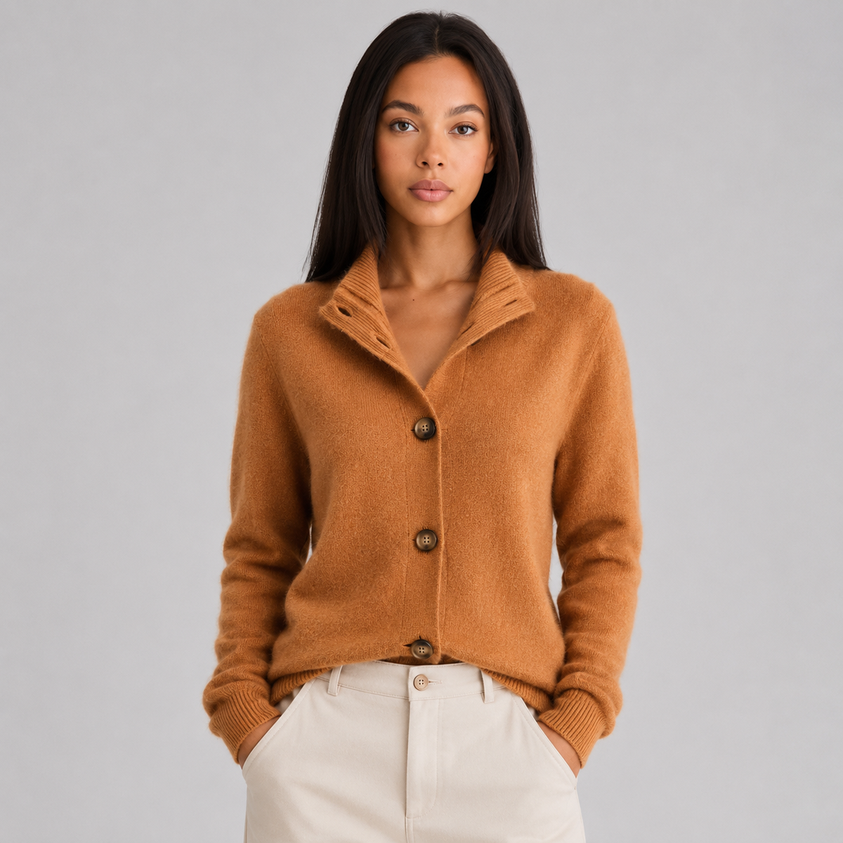 Women's buttoned cardigan with a notched collar and long sleeves