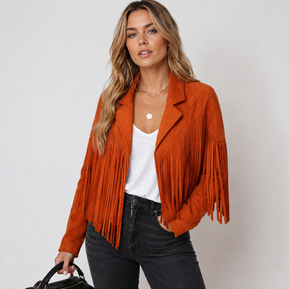 Women's cropped jacket with long fringe panels, notched lapels and long sleeves