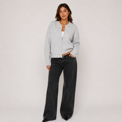 Women's grey knit jacket with round neckline, front zipper and long sleeves
