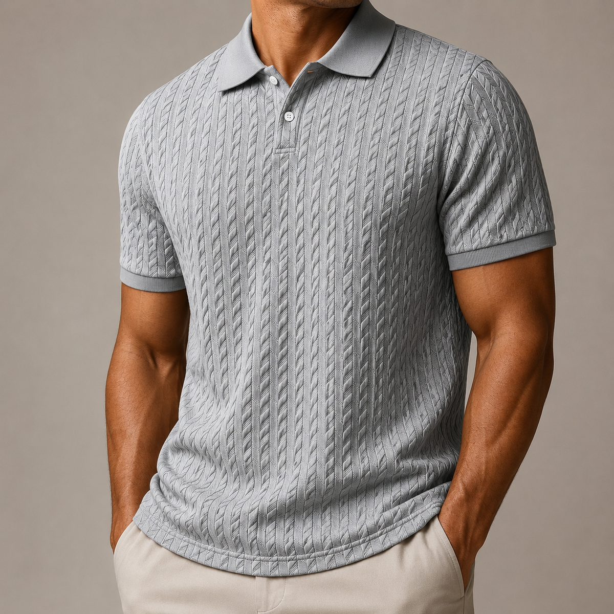 Men's short-sleeve textured polo shirt with fold-over collar and button placket