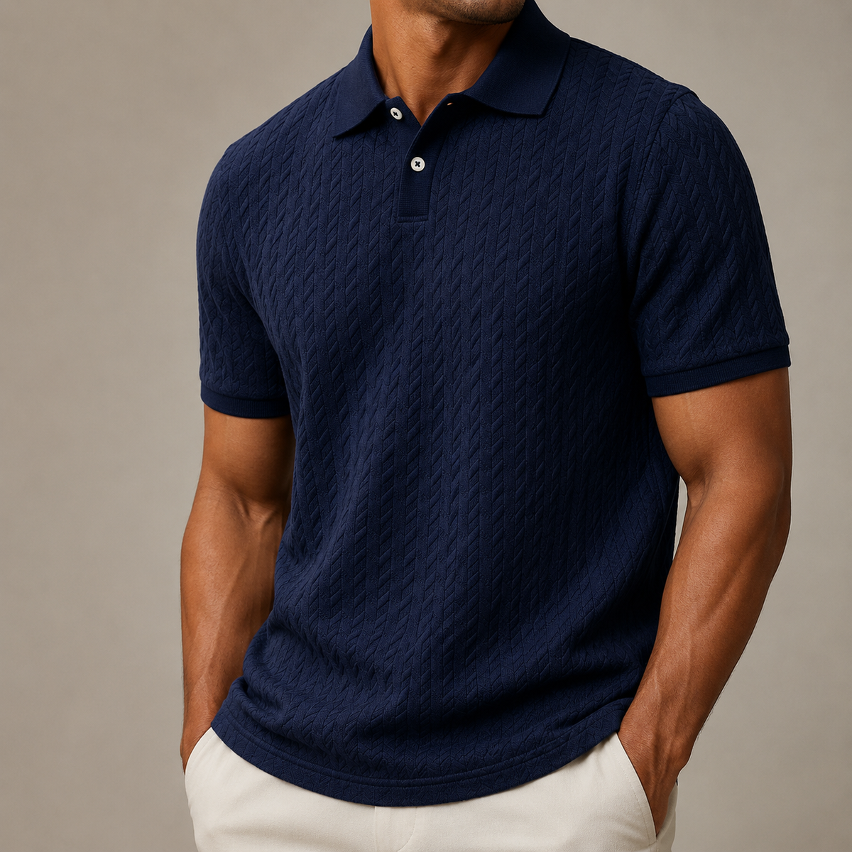 Men's short-sleeve textured polo shirt with fold-over collar and button placket