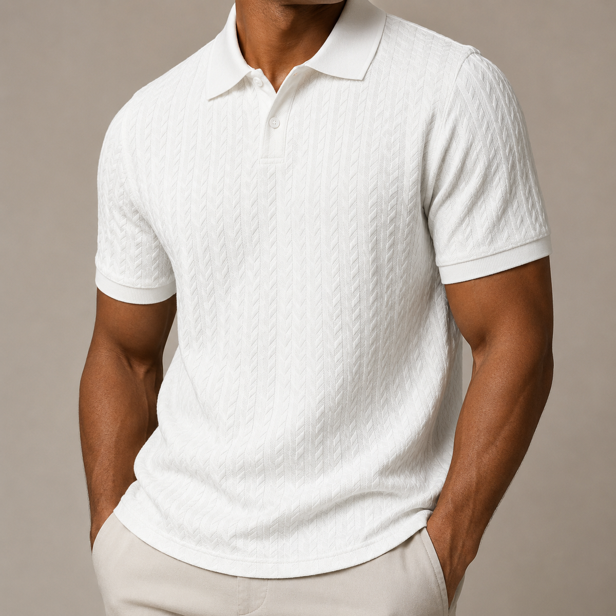 Men's short-sleeve textured polo shirt with fold-over collar and button placket
