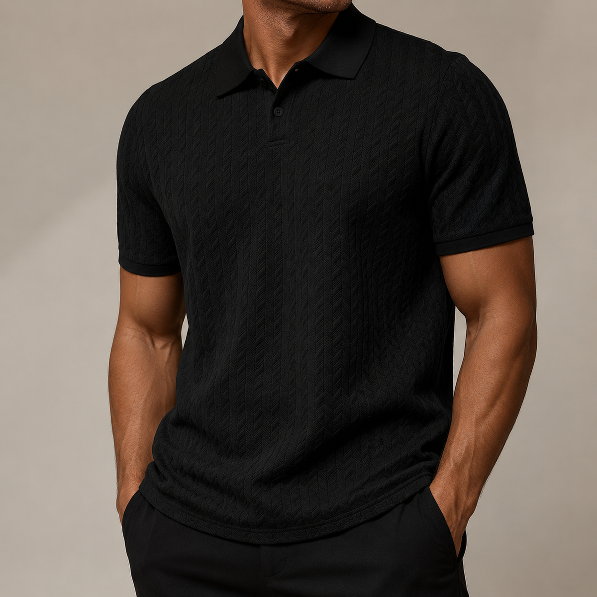 Men's short-sleeve textured polo shirt with fold-over collar and button placket