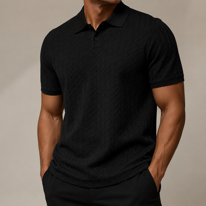 Men's short-sleeve textured polo shirt with fold-over collar and button placket