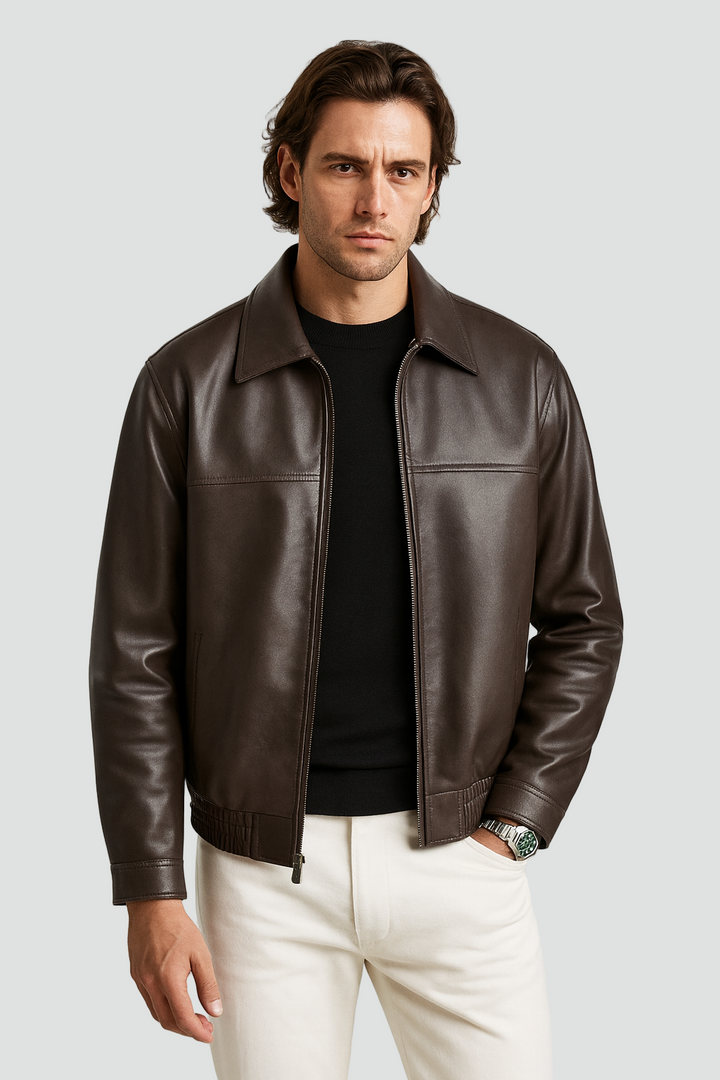 Men's zip front jacket with pointed collar and long sleeves