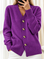 Women's V-neck button cardigan with long sleeves, front pockets and ribbed trims