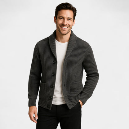 Men's ribbed cardigan with shawl collar, buttons and front pockets