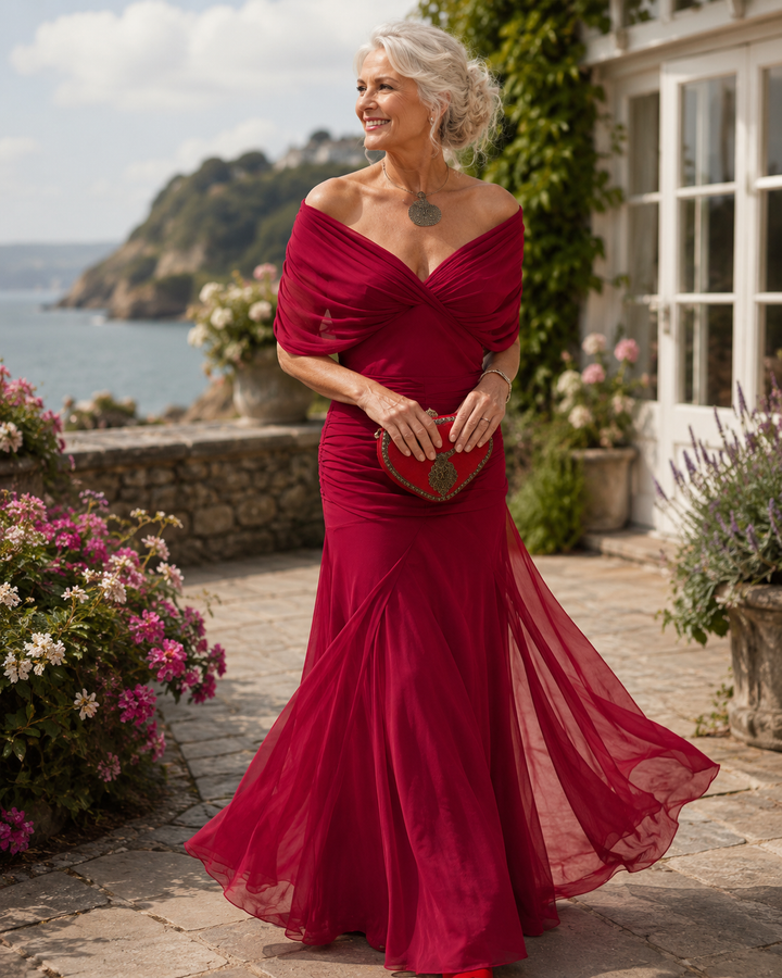 Women's Pleated-Waist Maxi Dress — V-Neck Fluid-Skirt Elegant Evening Maxi Dress