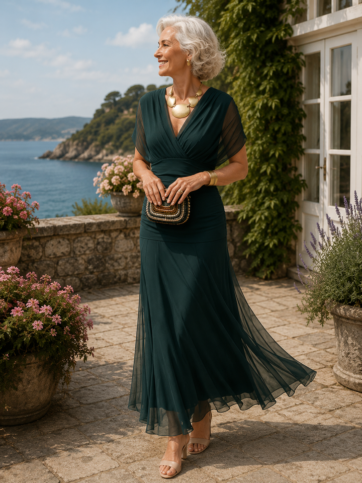 Women's Pleated-Waist Maxi Dress — V-Neck Fluid-Skirt Elegant Evening Maxi Dress