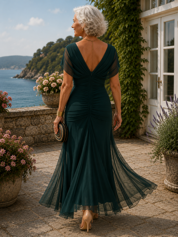 Women's Pleated-Waist Maxi Dress — V-Neck Fluid-Skirt Elegant Evening Maxi Dress