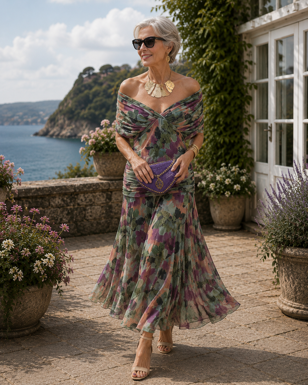 Women's Pleated-Waist Maxi Dress — V-Neck Fluid-Skirt Elegant Evening Maxi Dress