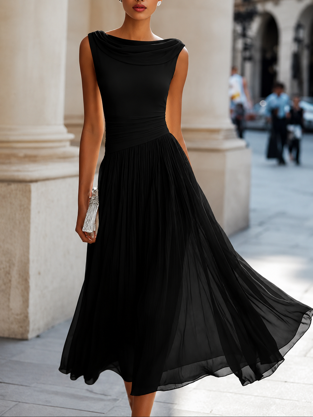 Women's sleeveless pleated midi dress with draped boat neckline