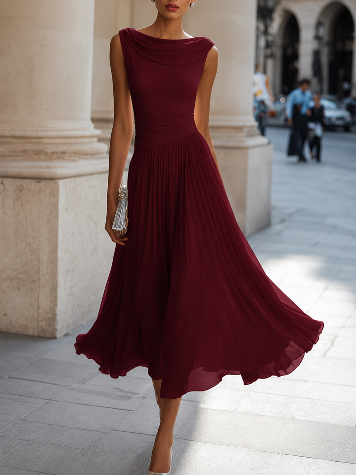 Women's sleeveless pleated midi dress with draped boat neckline