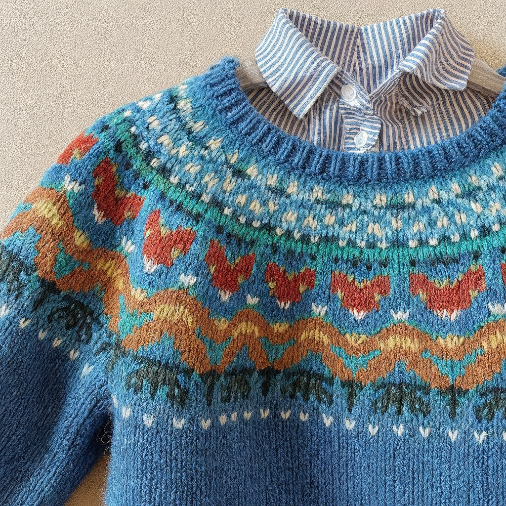 Women's blue Fair Isle sweater with colourful patterned yoke