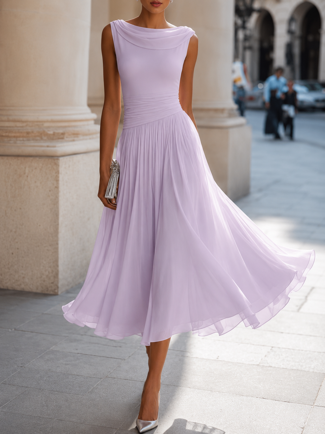Women's sleeveless pleated midi dress with draped boat neckline