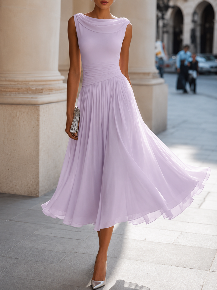 Women's sleeveless pleated midi dress with draped boat neckline