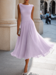Women's sleeveless pleated midi dress with draped boat neckline