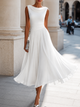 Women's sleeveless pleated midi dress with draped boat neckline