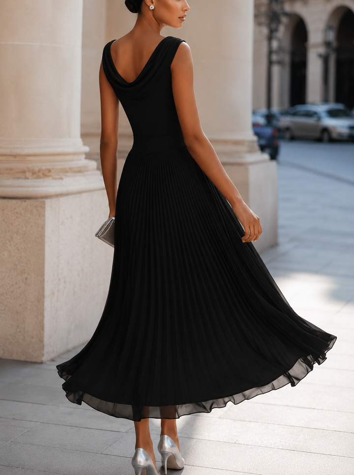Women's sleeveless pleated midi dress with draped boat neckline