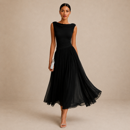 Women's sleeveless pleated midi dress with draped boat neckline