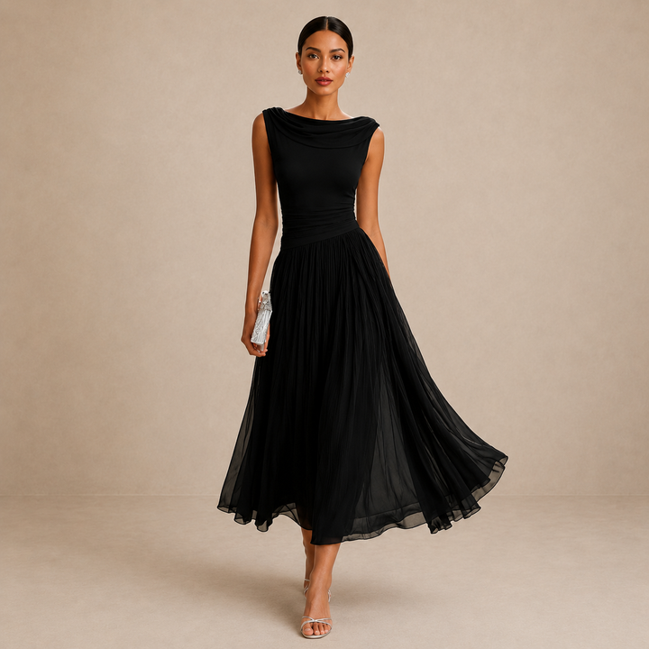 Women's sleeveless pleated midi dress with draped boat neckline