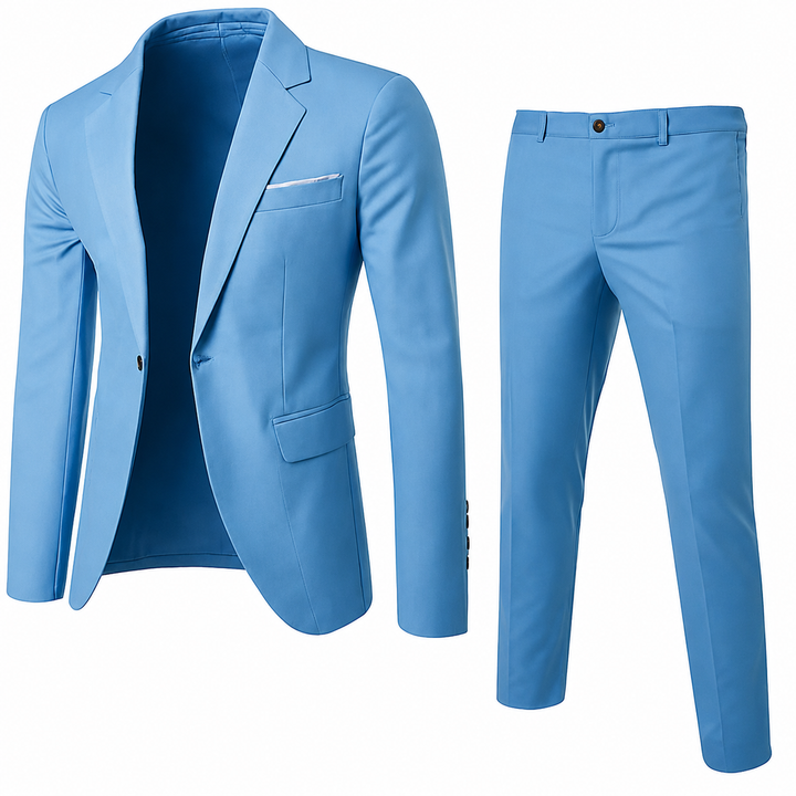 Men's two-piece suit in navy and beige with single-breasted blazer and tailored trousers