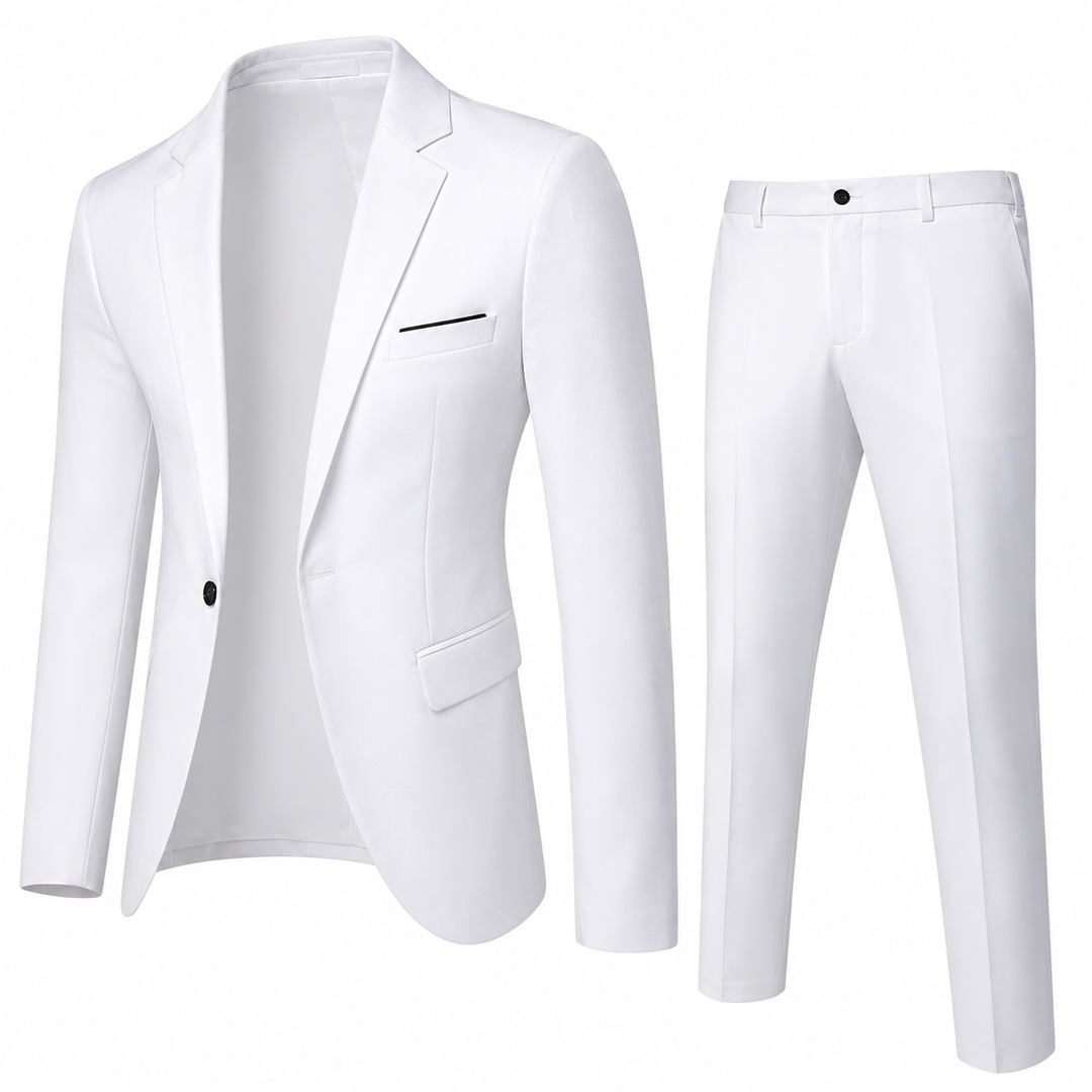 Men's two-piece suit in navy and beige with single-breasted blazer and tailored trousers