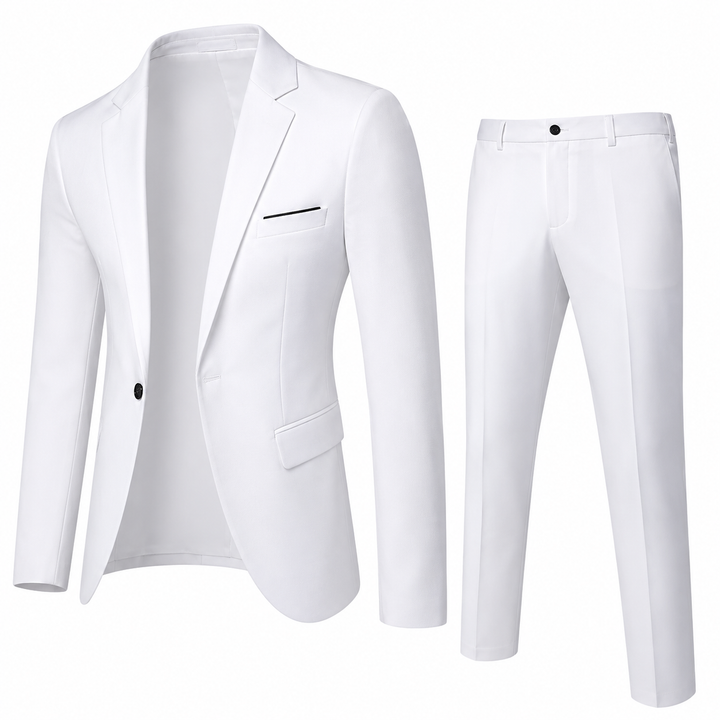 Men's two-piece suit in navy and beige with single-breasted blazer and tailored trousers