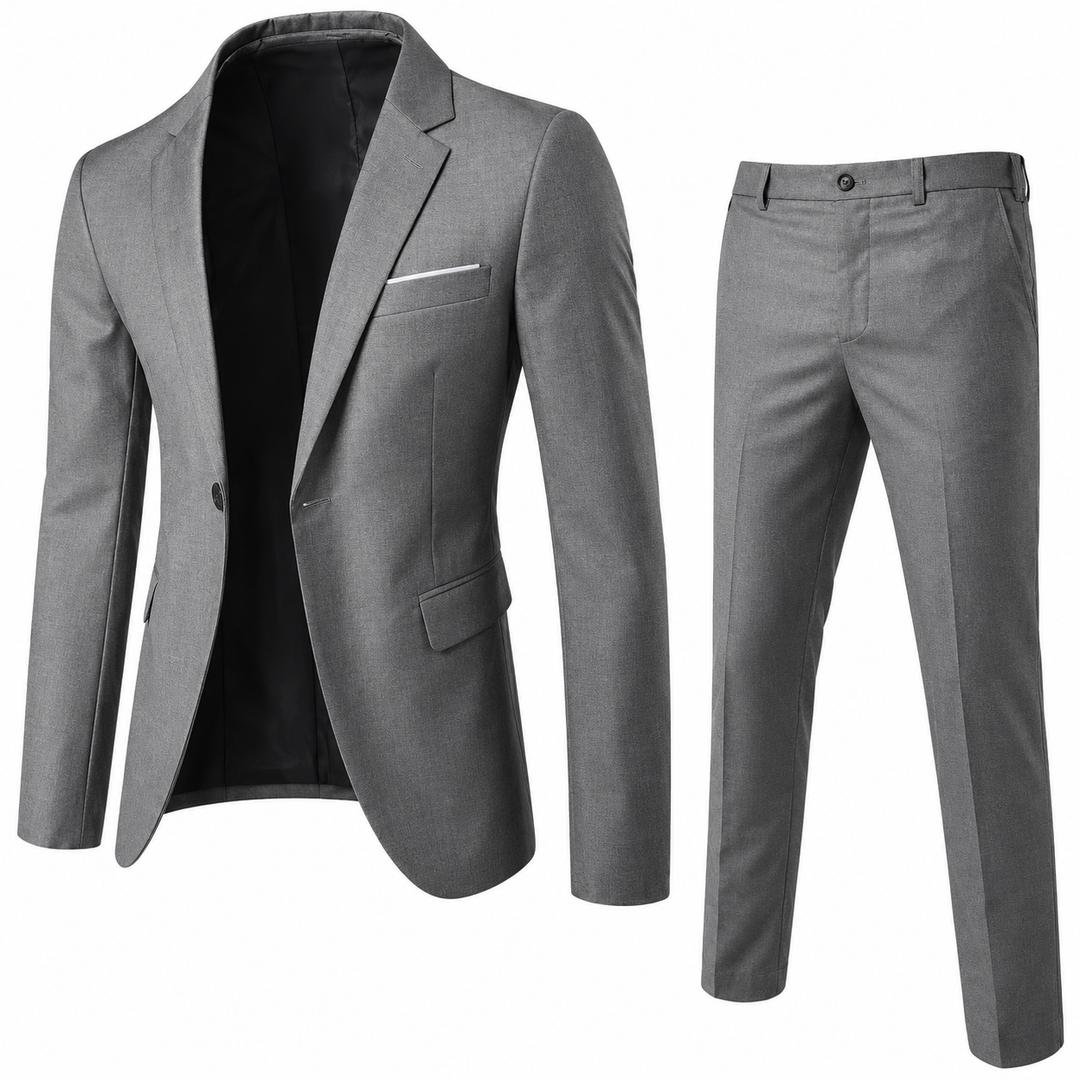 Men's two-piece suit in navy and beige with single-breasted blazer and tailored trousers