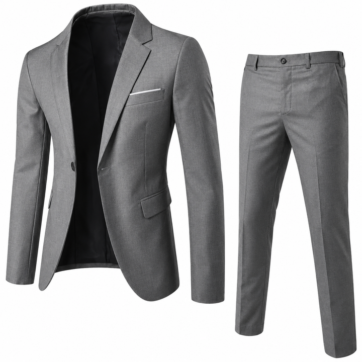 Men's two-piece suit in navy and beige with single-breasted blazer and tailored trousers
