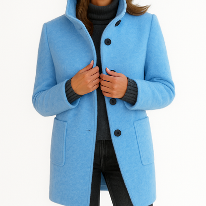 Women's button front coat with stand collar and two front pockets